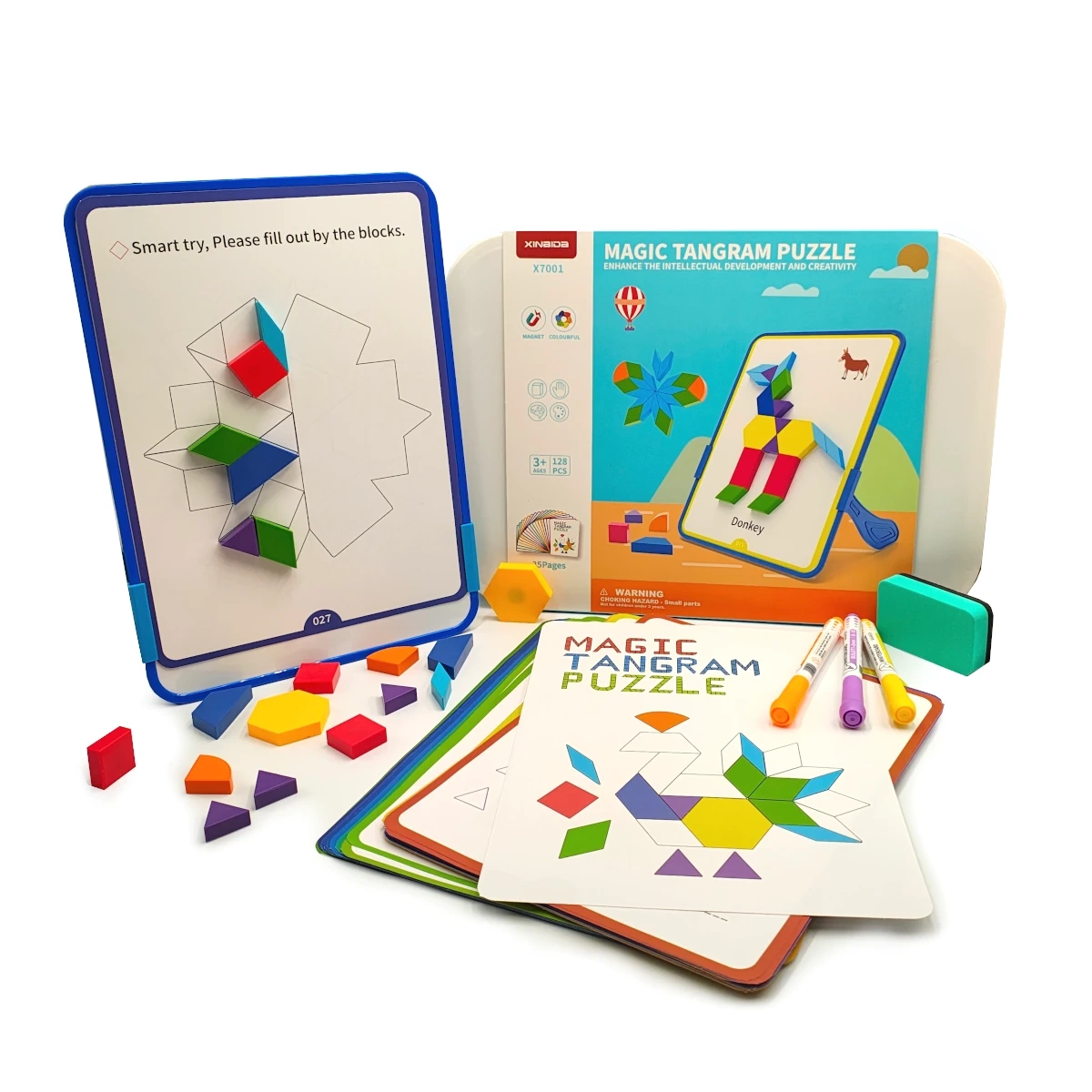 Magnetyczna mozaika klocki Tangram z tablicą - 252 el. + karty pracy - X-Bida